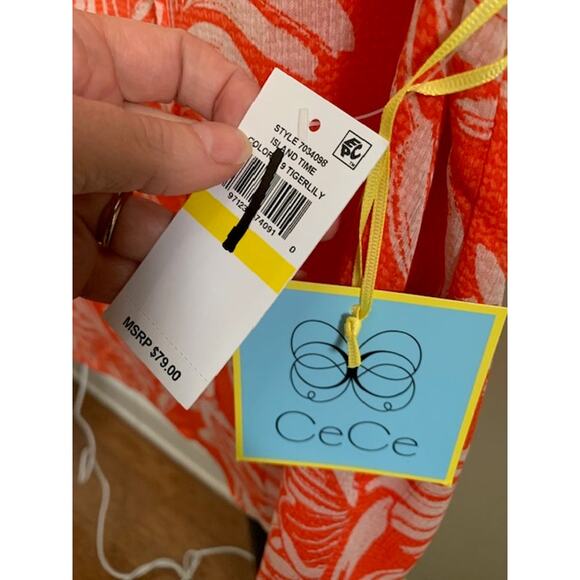 CeCe-Short Sleeve-Smocked Floral Blouse-V Neck Lined-Polyester-Orange-Women-M - Picture 3 of 6